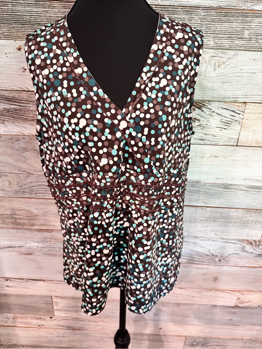 NWT Sleeveless Brown Polka Dot V-Neck Top with Teal & Cream Dots